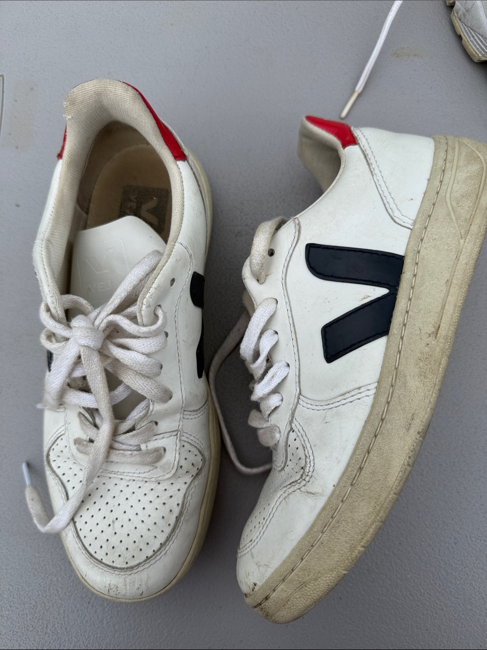 Veja White Leather Sneakers with Black V and Red Heel Tab